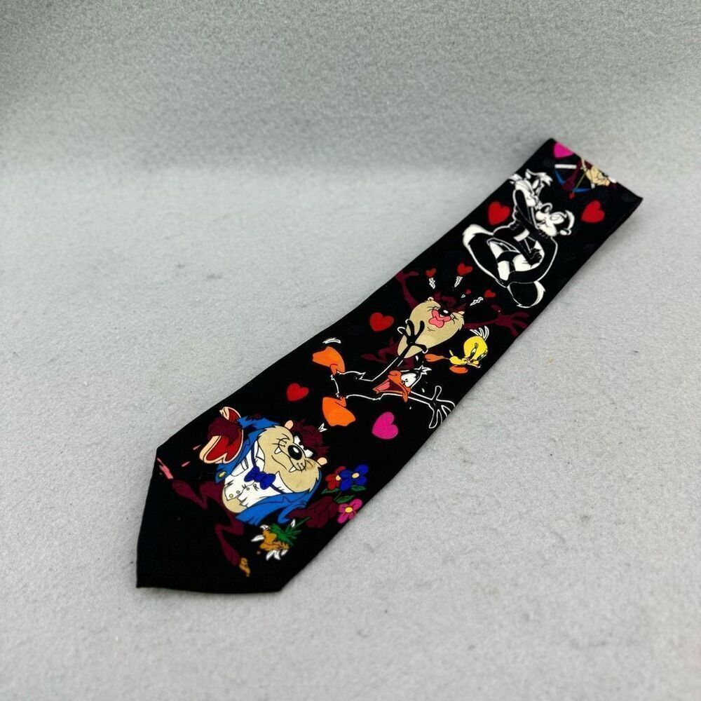 Vintage 1993 Looney Tunes Mens Black Mania Valentine's Day Love Hearts Silk Tie